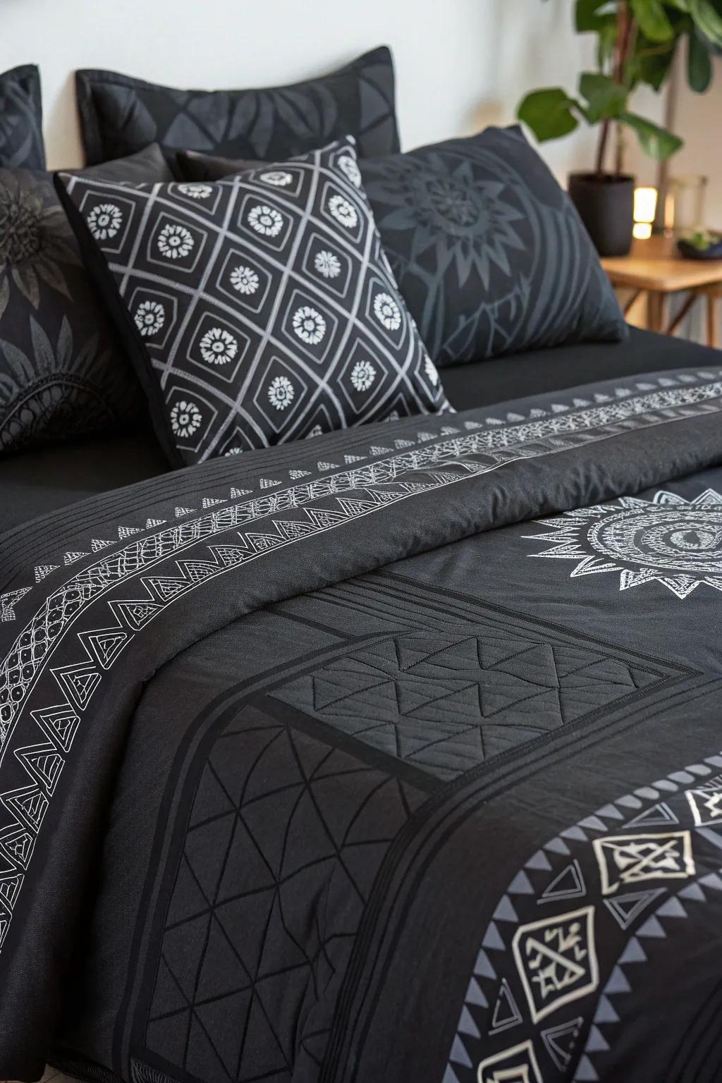 Adding modern flair with patterned black bedding.