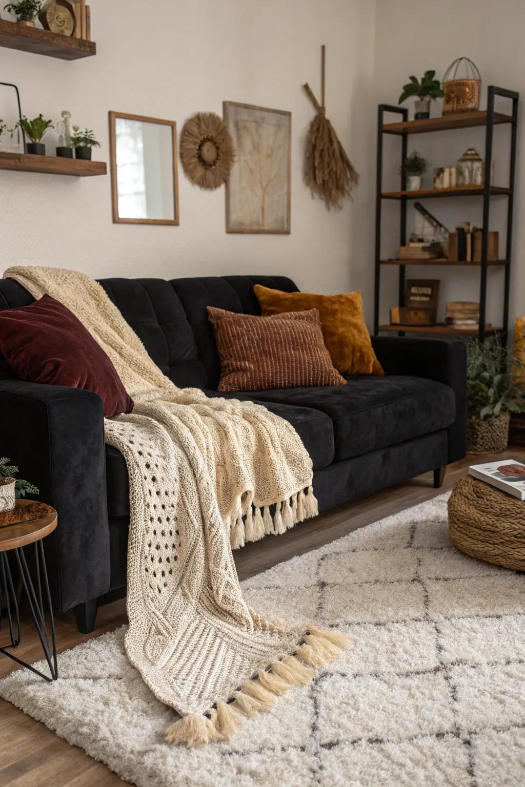 Rich textures create warmth around a dark-toned sofa.