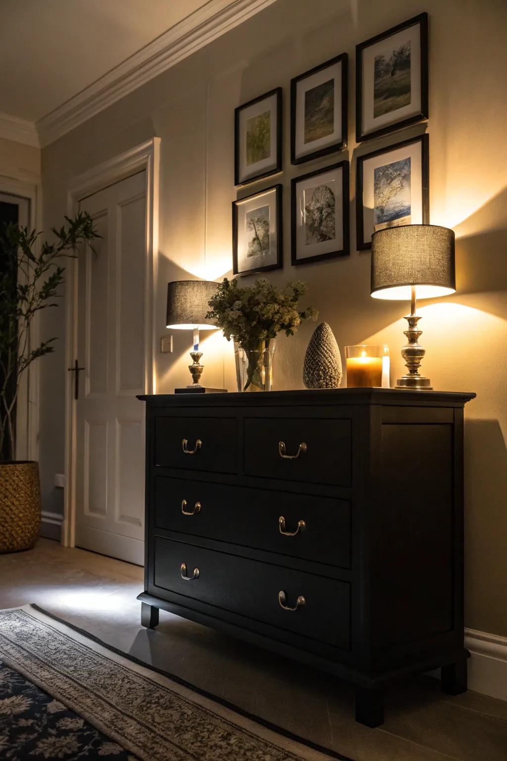 A black dresser elegantly highlighted by warm accent lighting.