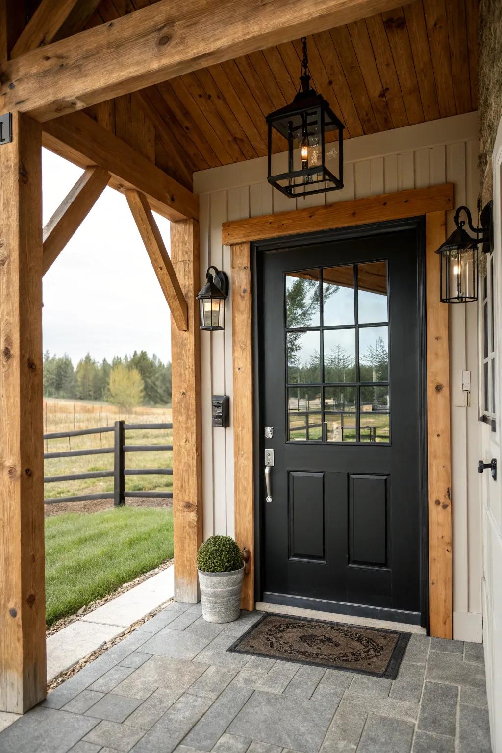 A modern farmhouse entryway with a chic dark-toned entrance.