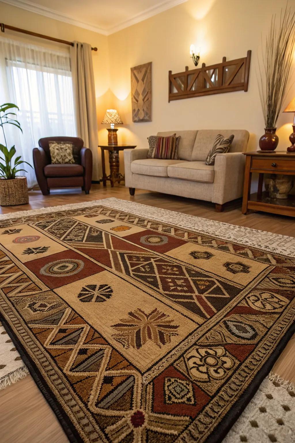A rug with African patterns brings warmth and style to a space.