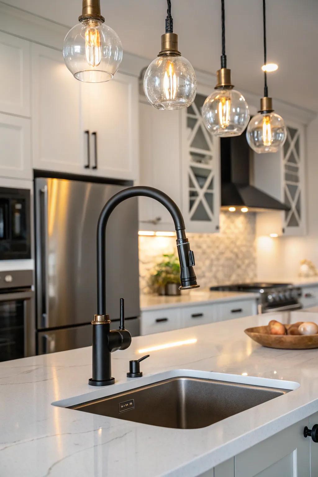 Contemporary style is achieved with a dark tap and metallic features.