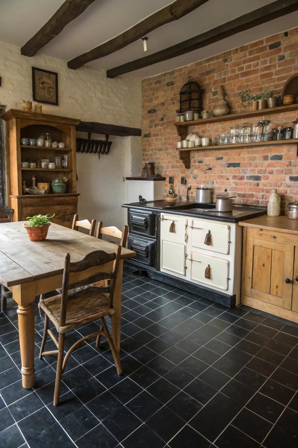 A country kitchen where ink floors complement charming elements like brick and timber.