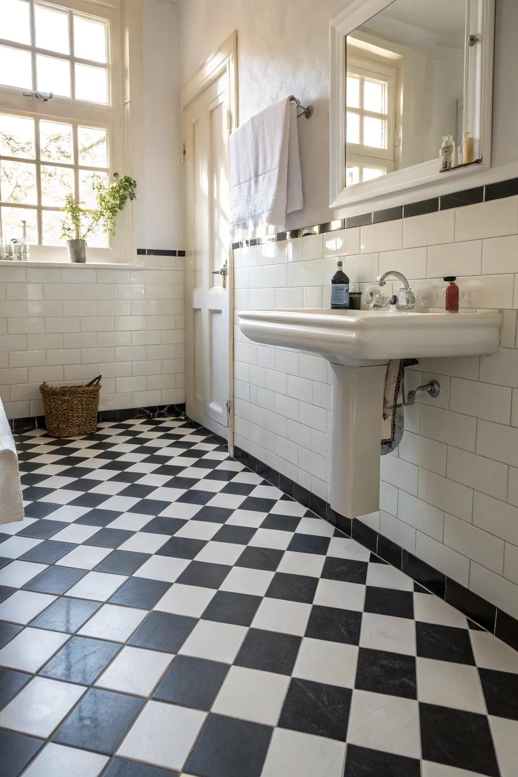 The black and white tile pattern adds classic charm to the bathroom.