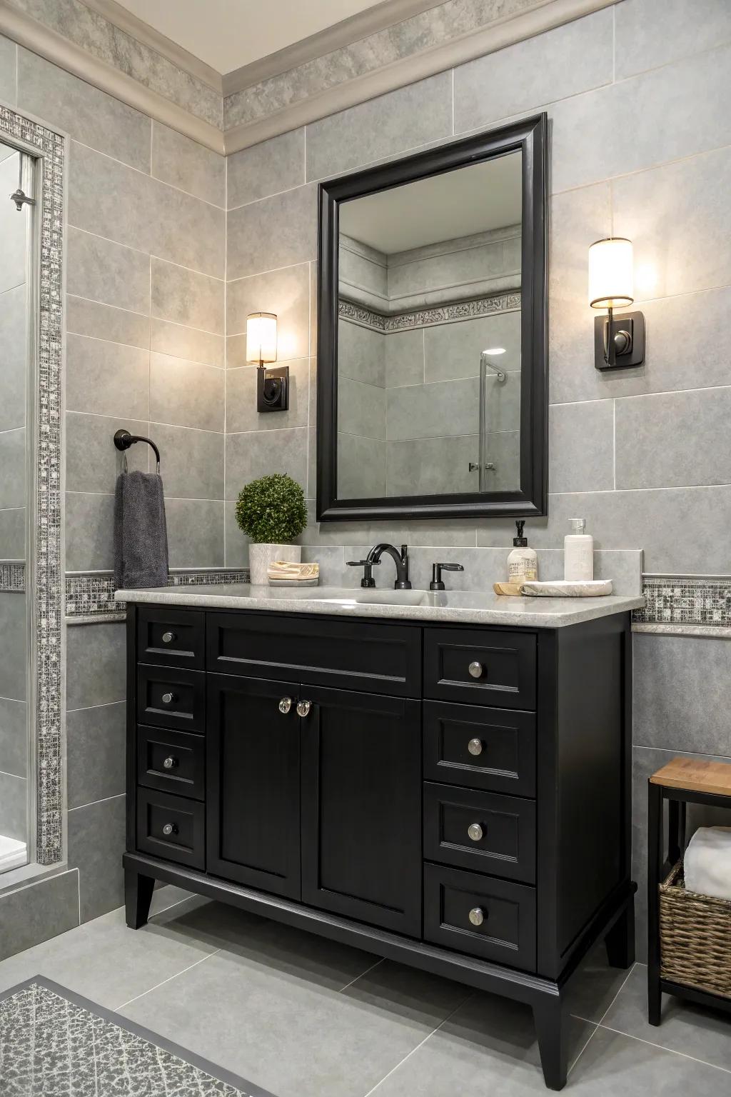 Gray colors give a sophisticated backdrop for a dark sink cabinet, adding depth.