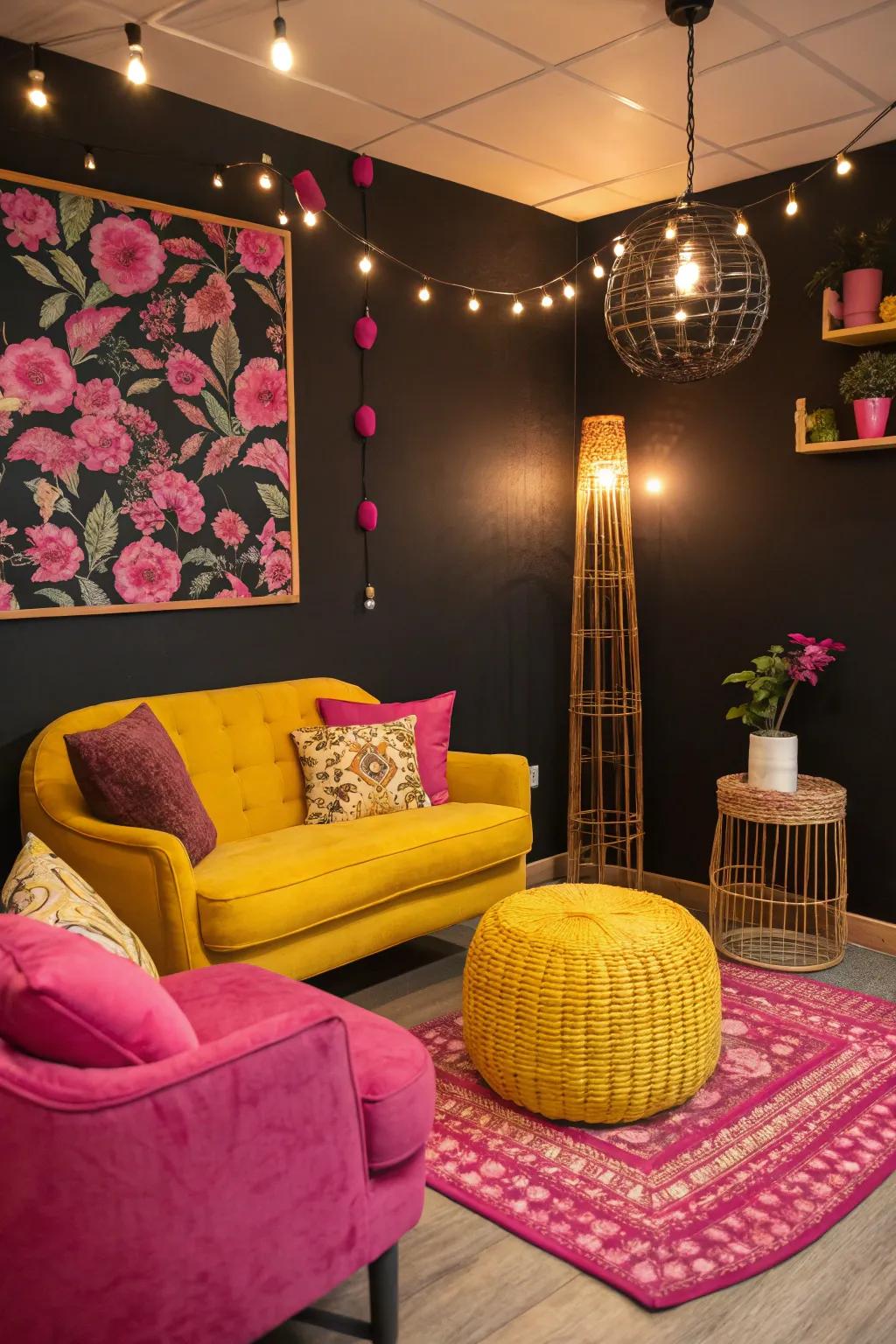 Vibrant colors against a shadowy wall.