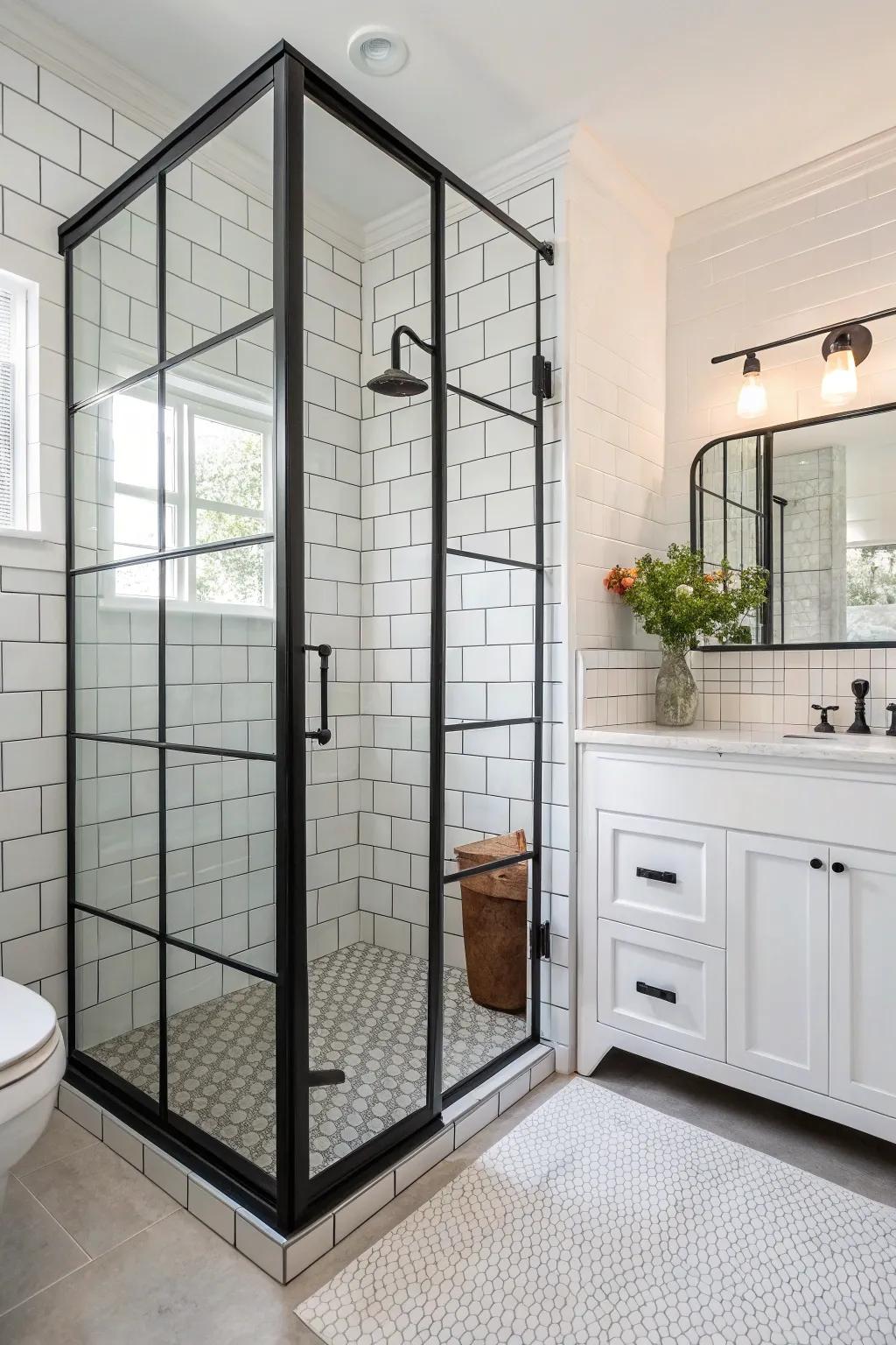 Dark-cased shower stalls provide a bold, modern visual.