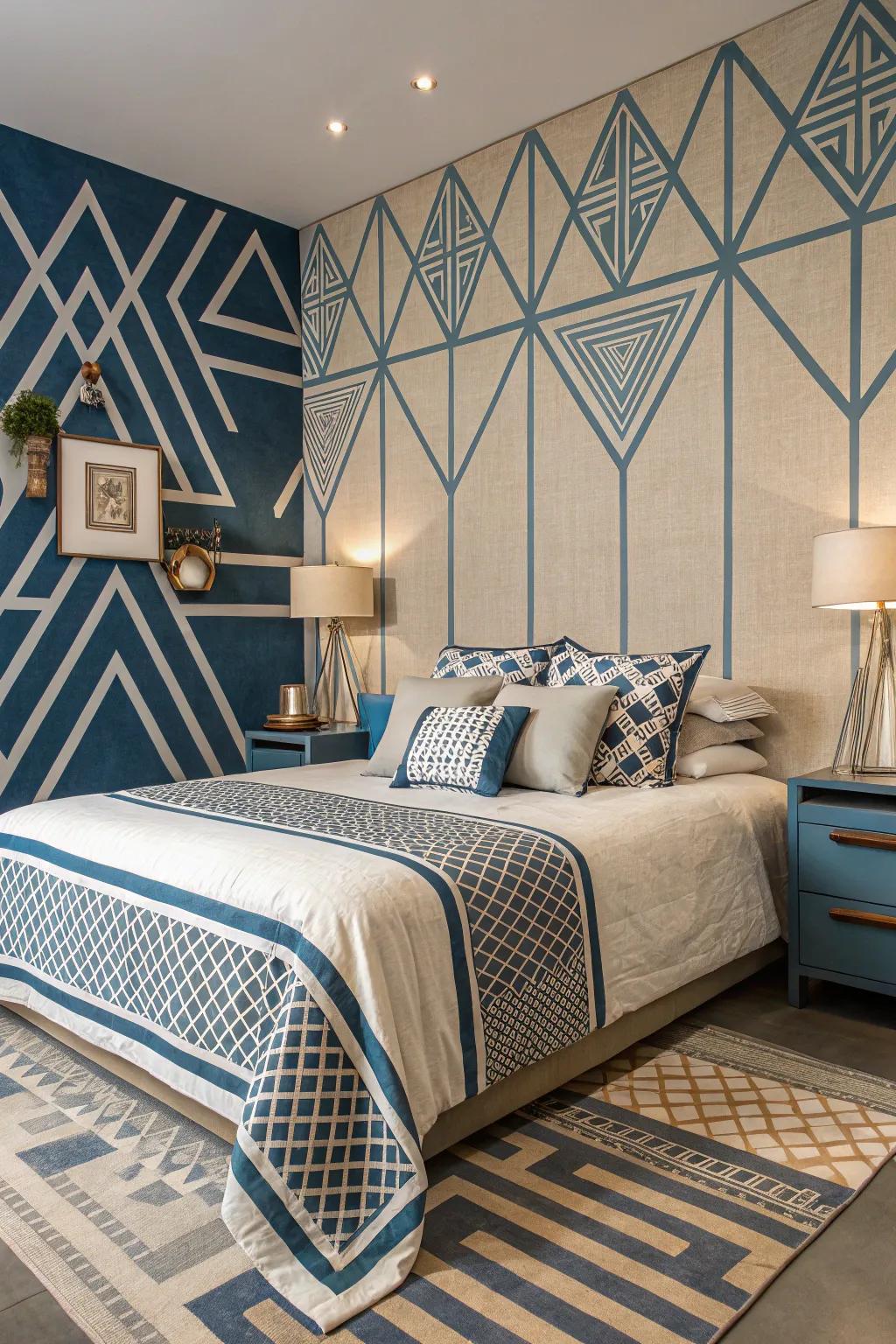 Geometric patterns in azure and beige contribute a modern element to the room.