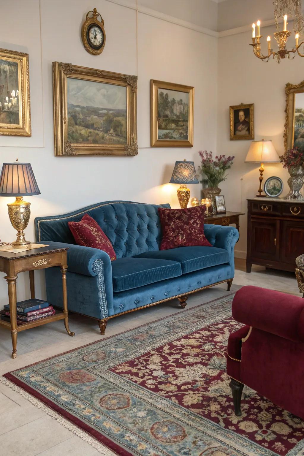 Time-honored items in azure and crimson tones add eternal charm.