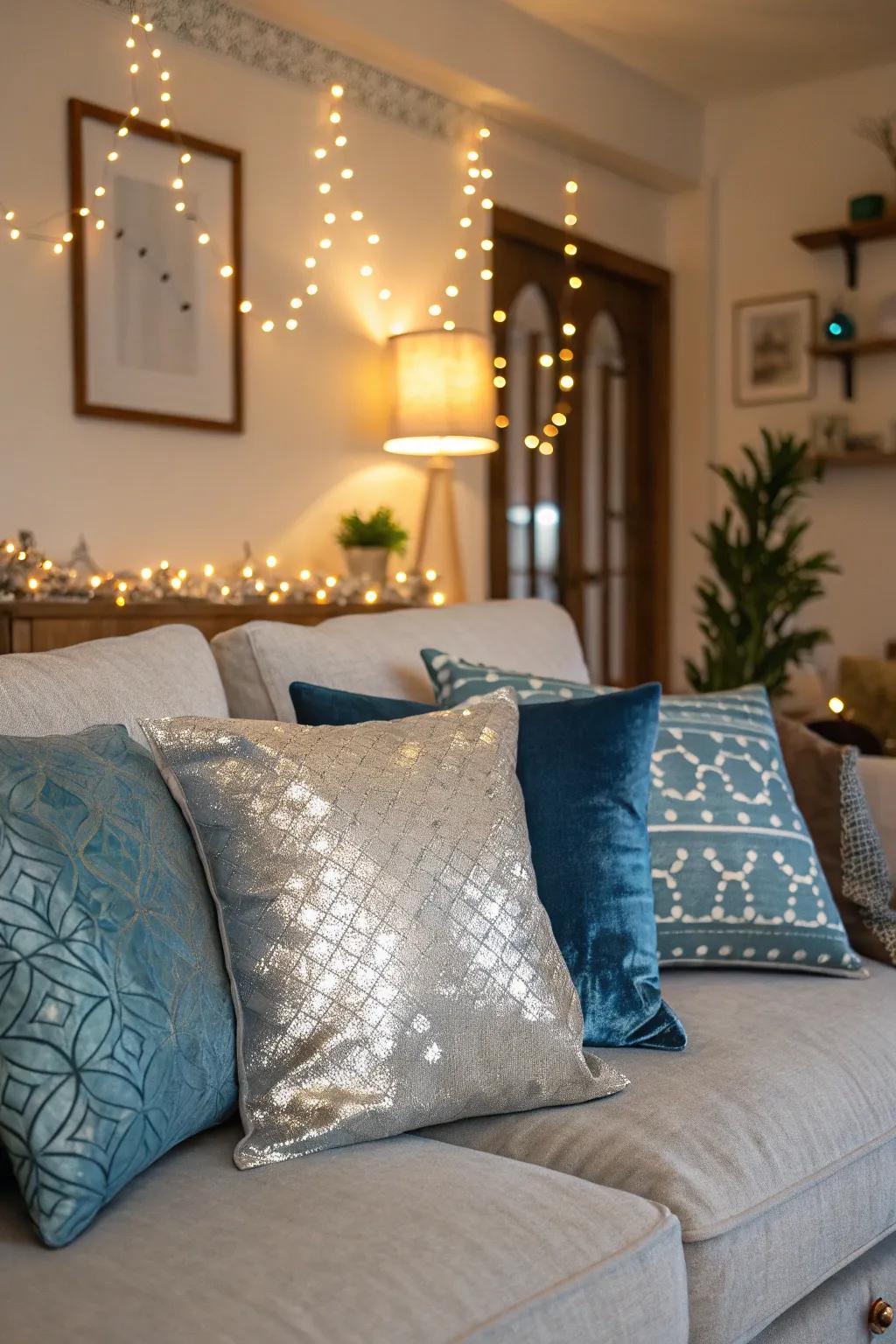 Silver and blue throw pillows bring new designs and textures to this comfortable living room.