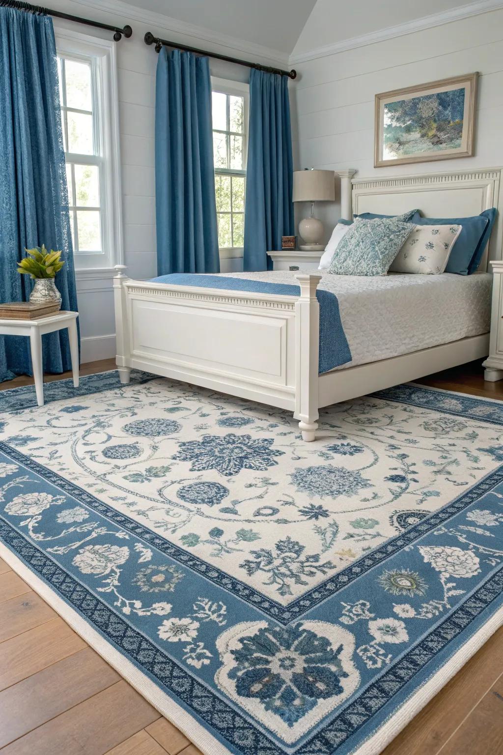 A matching area rug ties together the blue and white color scheme.