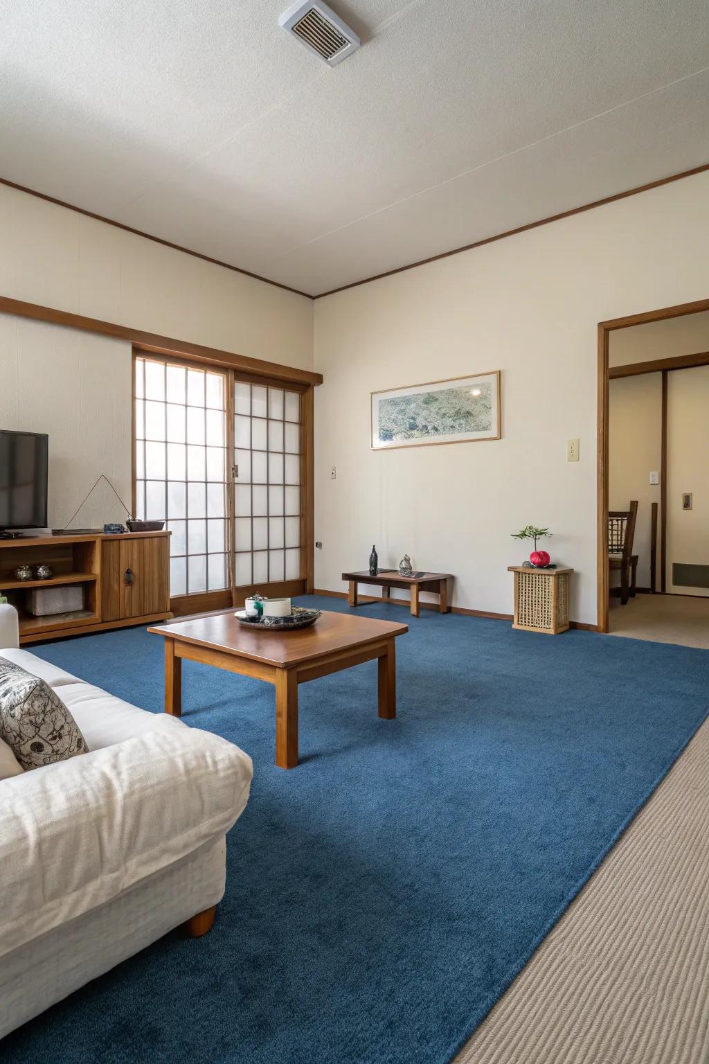 A minimalist strategy retains emphasis on the cerulean carpet, elevating simplicity.