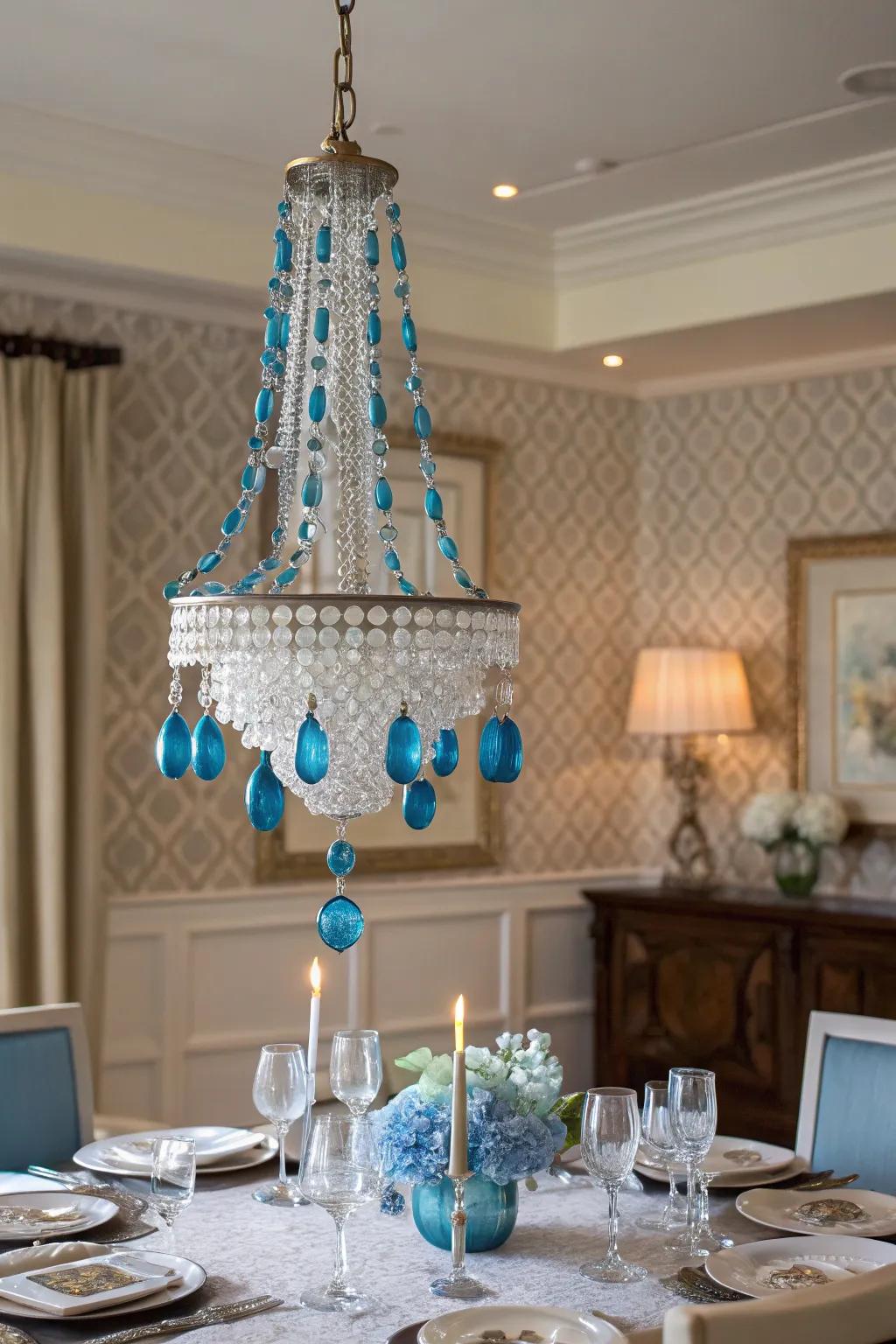 An azure ornament chandelier is a stunning holiday centerpiece.