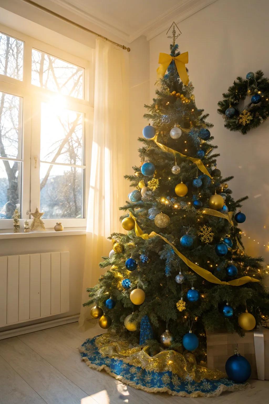 A cheerful azure and gold Christmas tree.