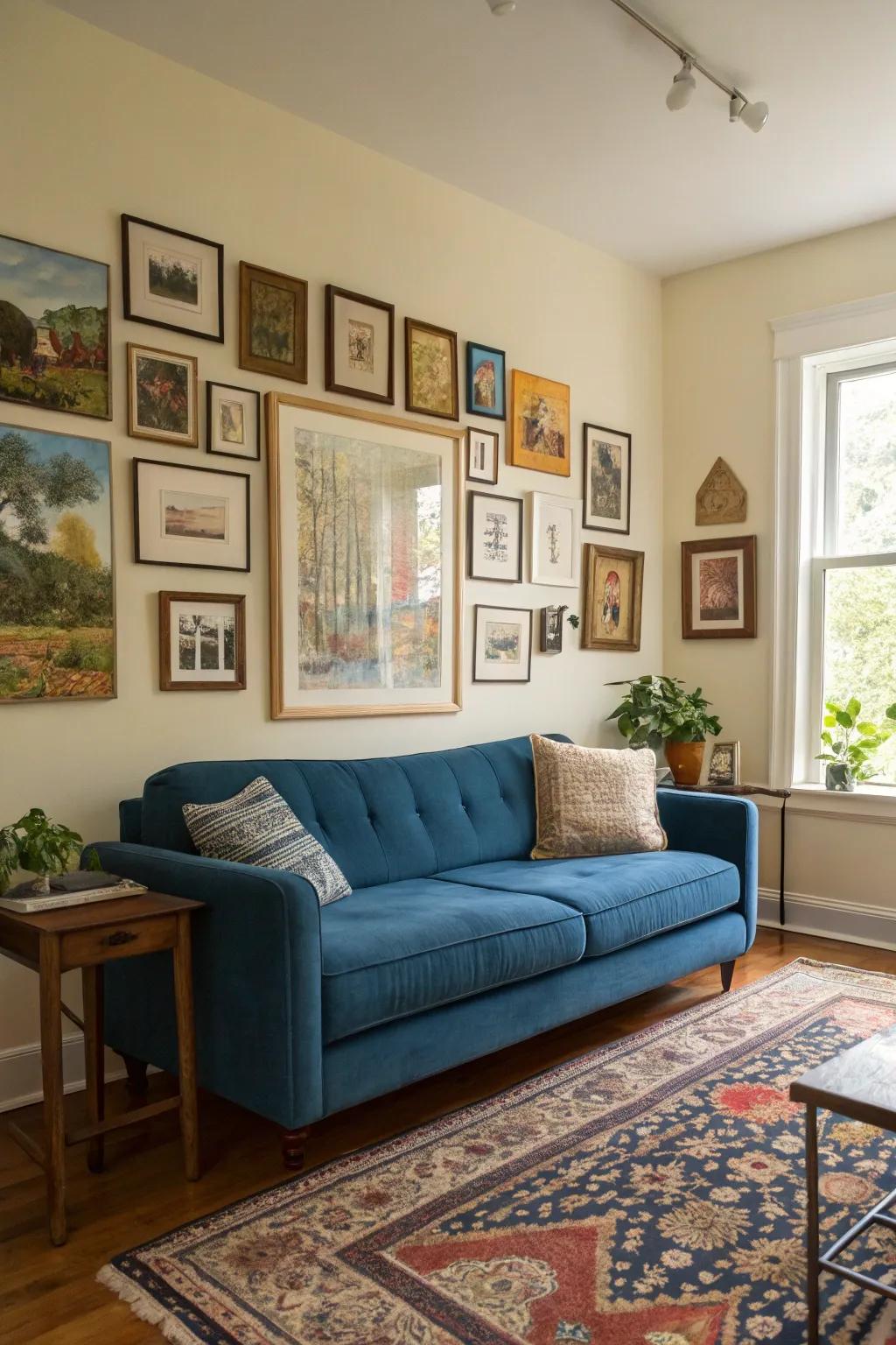 A gallery wall adds personal flair and highlights the blue sofa.