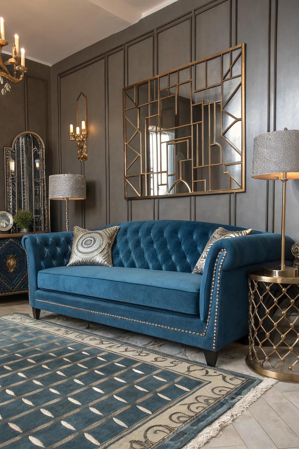 Art Deco elements bring glamour and sophistication to the space.