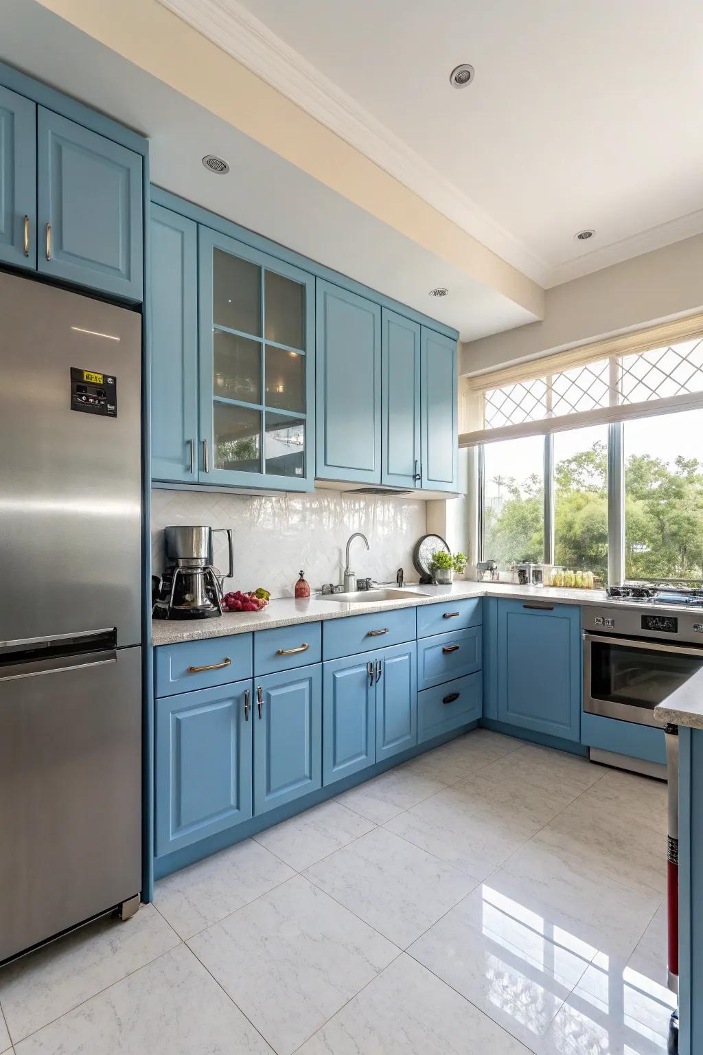 Contemporary refinement with azure cabinets and stainless steel.