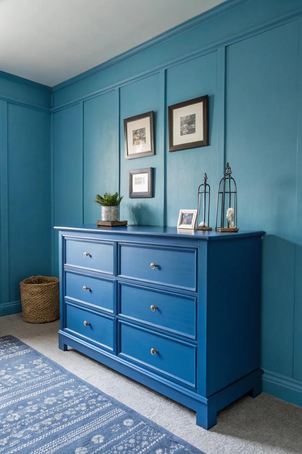 A blue dresser blending seamlessly with its monochromatic surroundings.
