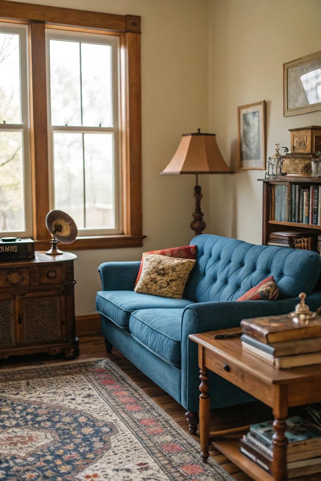Bygone touches add character to a cerulean couch setup.