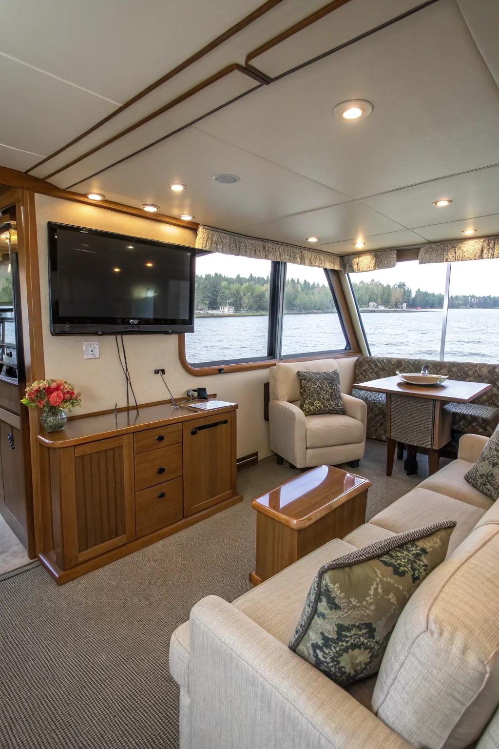 Wall-mounted TV stand in a cozy boat living area.