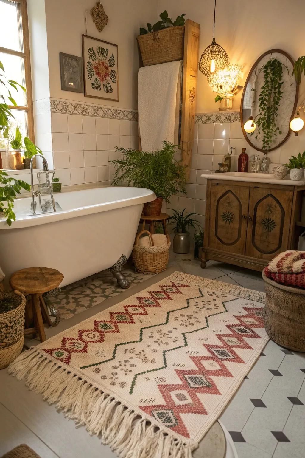 A cozy boho bathroom featuring a tasseled bath mat.