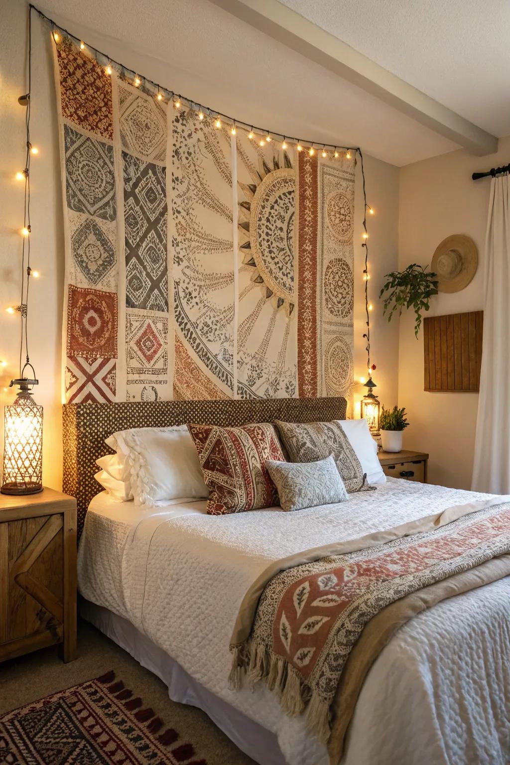 Layered textiles combine to create an inviting and opulent headboard design.