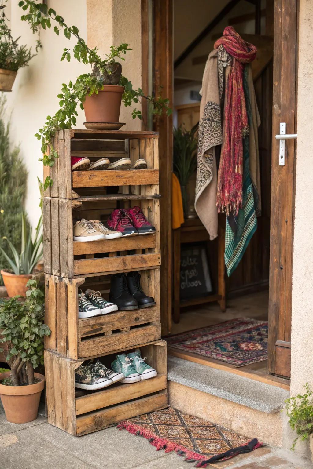 Timber boxes add rustic charm and practical storage.