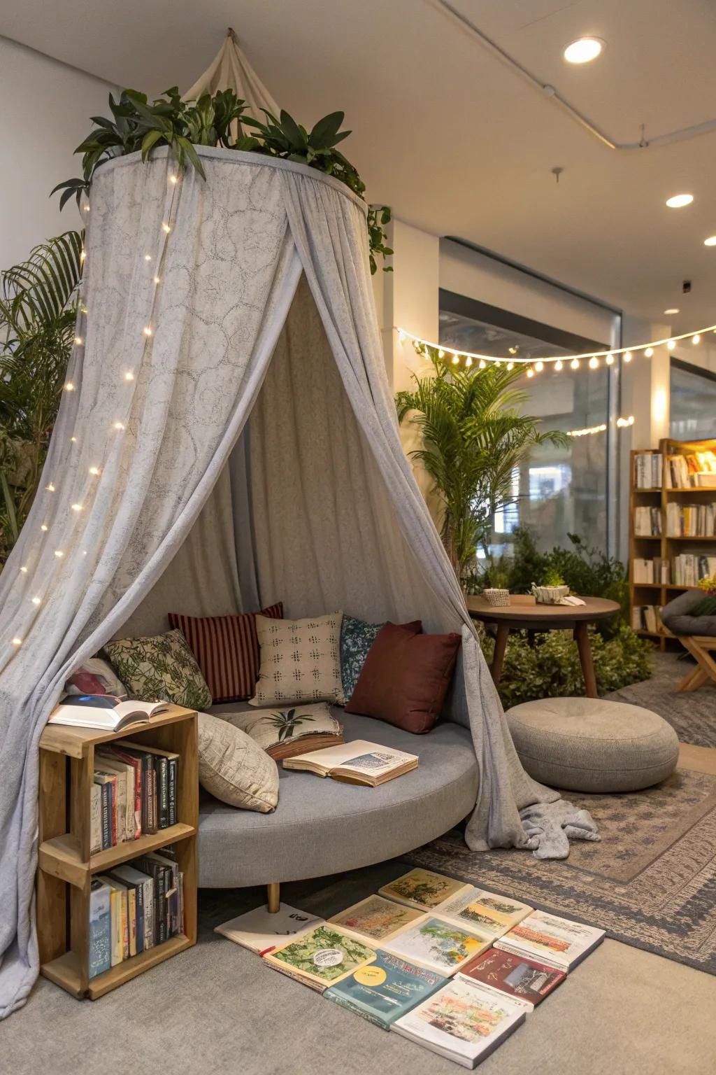 A canopy-covered nook radiating coziness and intimacy.