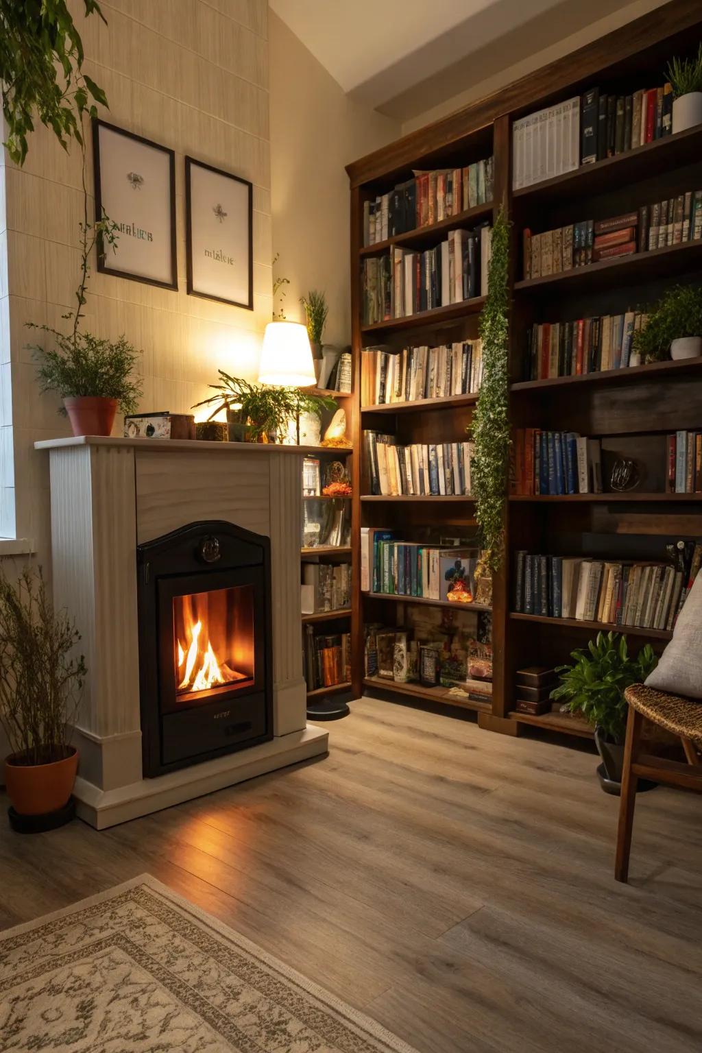 A fireplace that provides warmth and a snug atmosphere to the reading area.