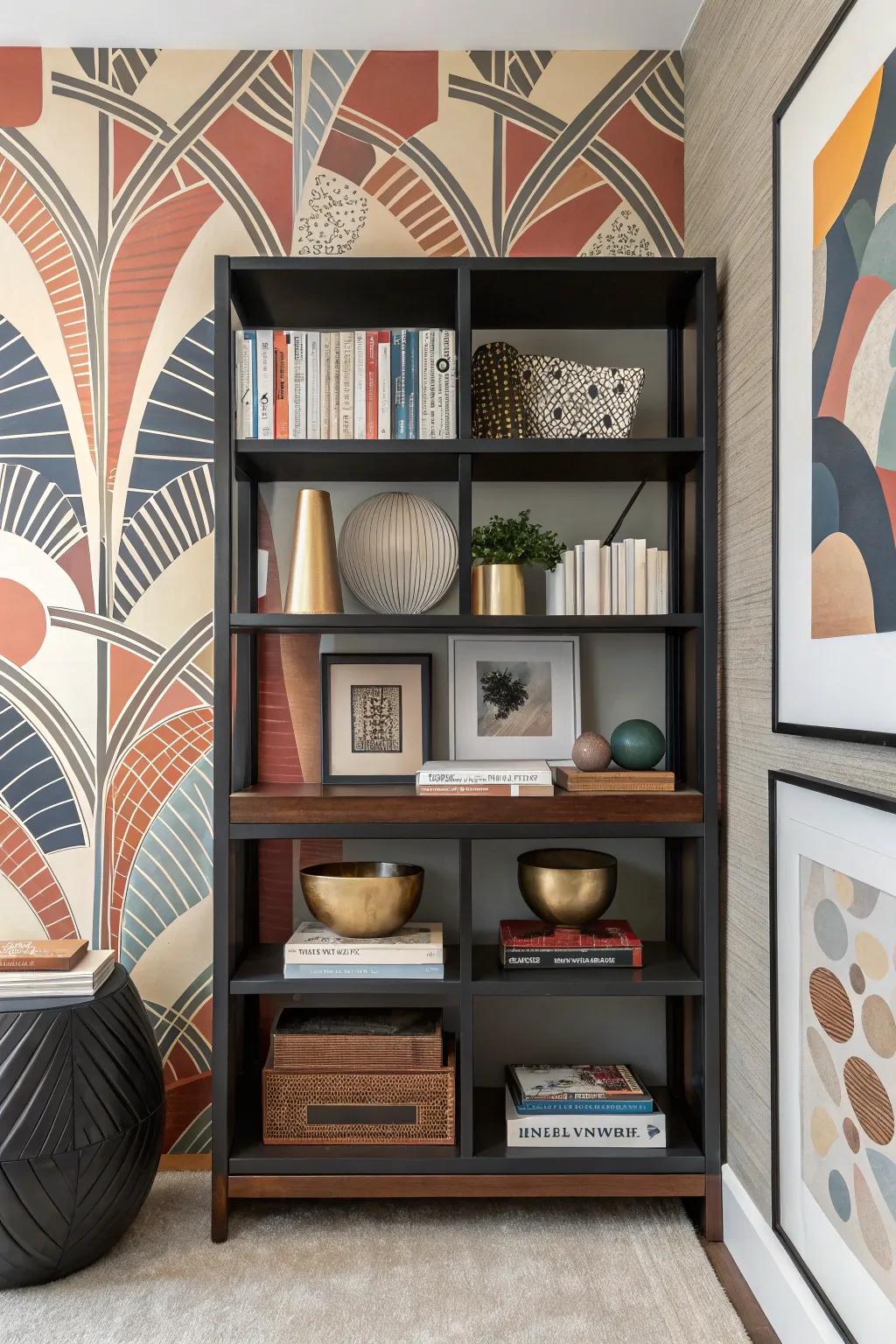 Bookshelf with abstract art wallpaper for a bold, artistic statement.