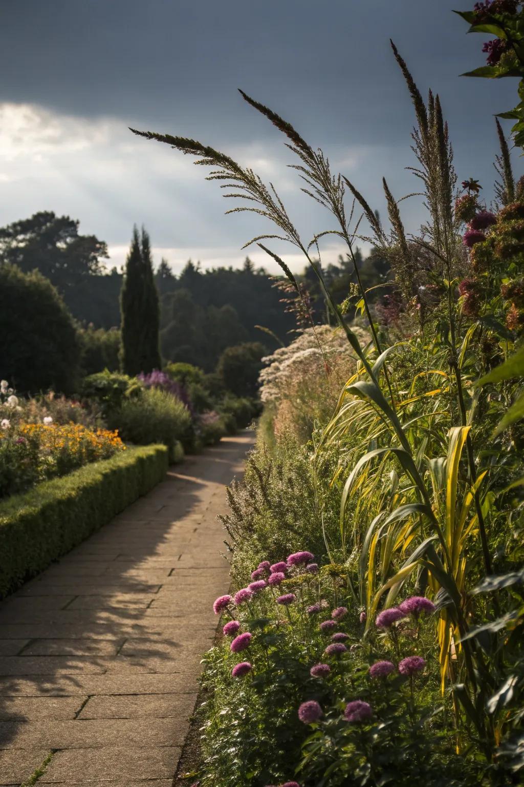 A striking garden border with towering flora.