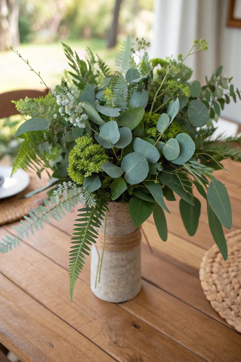 Green bouquets impart a serene, raw beauty.