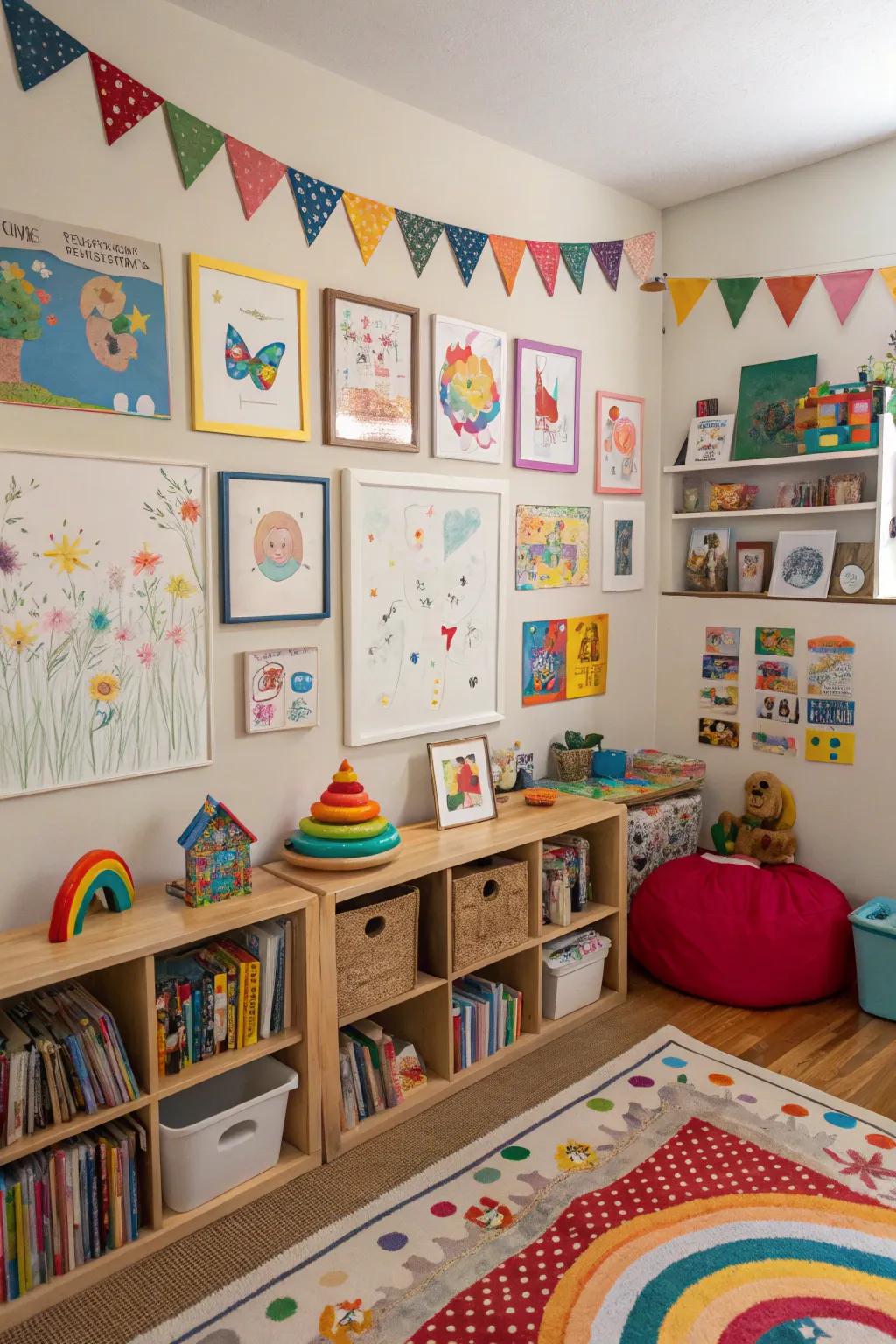 A gallery display showcases children's artworks, fostering creativity and self-esteem.