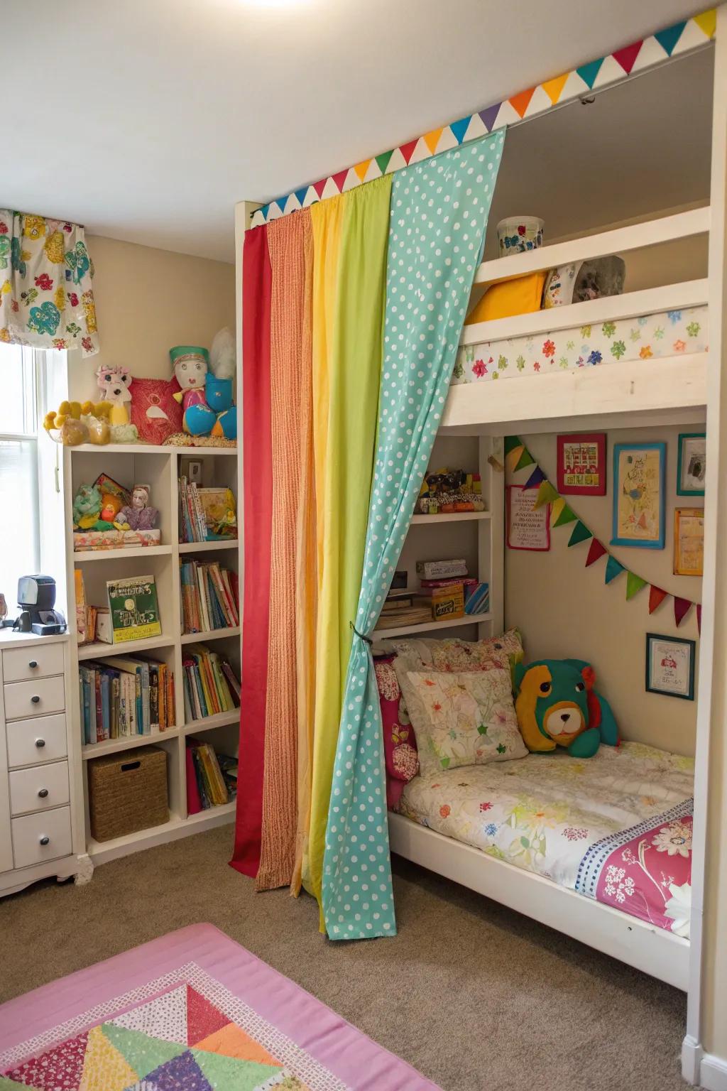 A curtain divider offers color and privacy in a shared room.