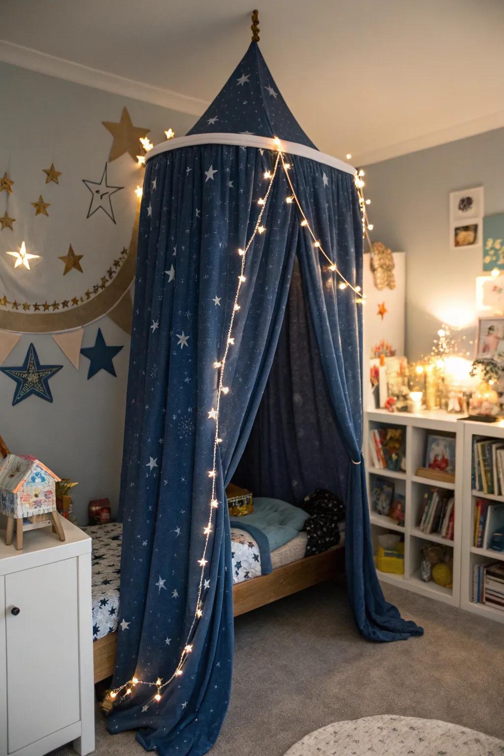 Slumber under the stars with this starlit night-themed canopy bed.
