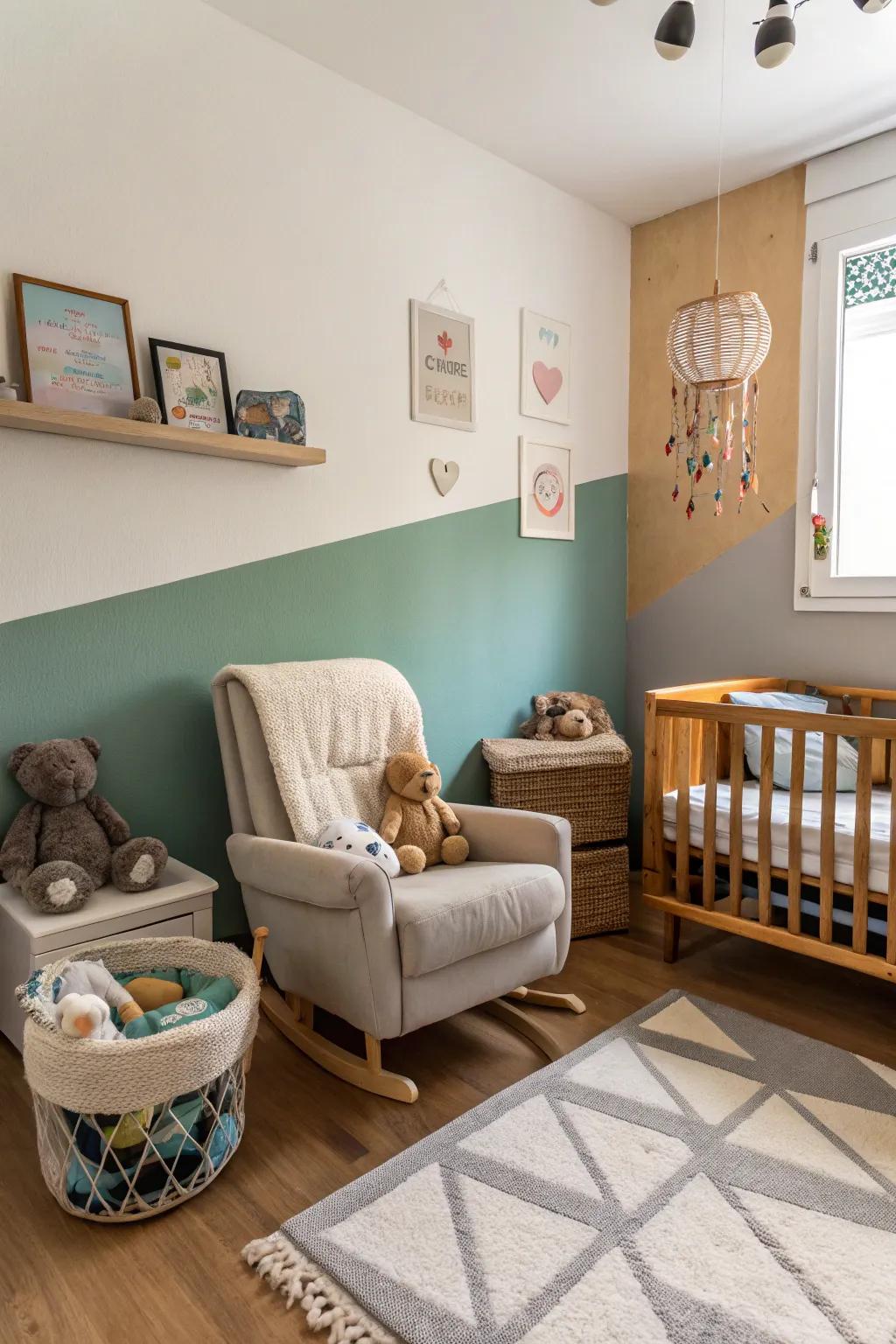 Dual-tone walls heighten a dynamic detail to the nursery design.