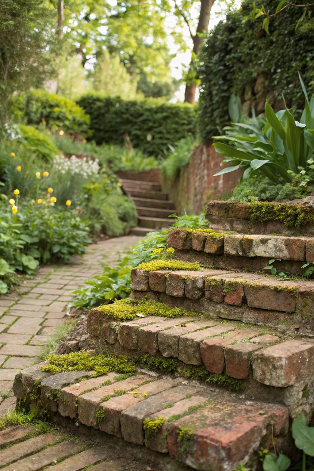 Eco-friendly brick steps fashioned from recycled materials.