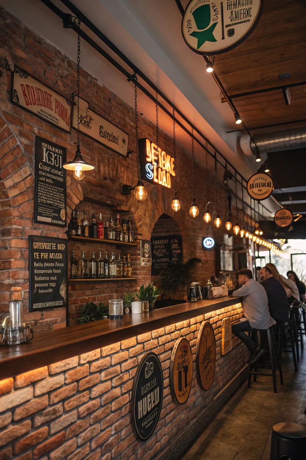 Decorative signs inject persona into a brick wall bar.