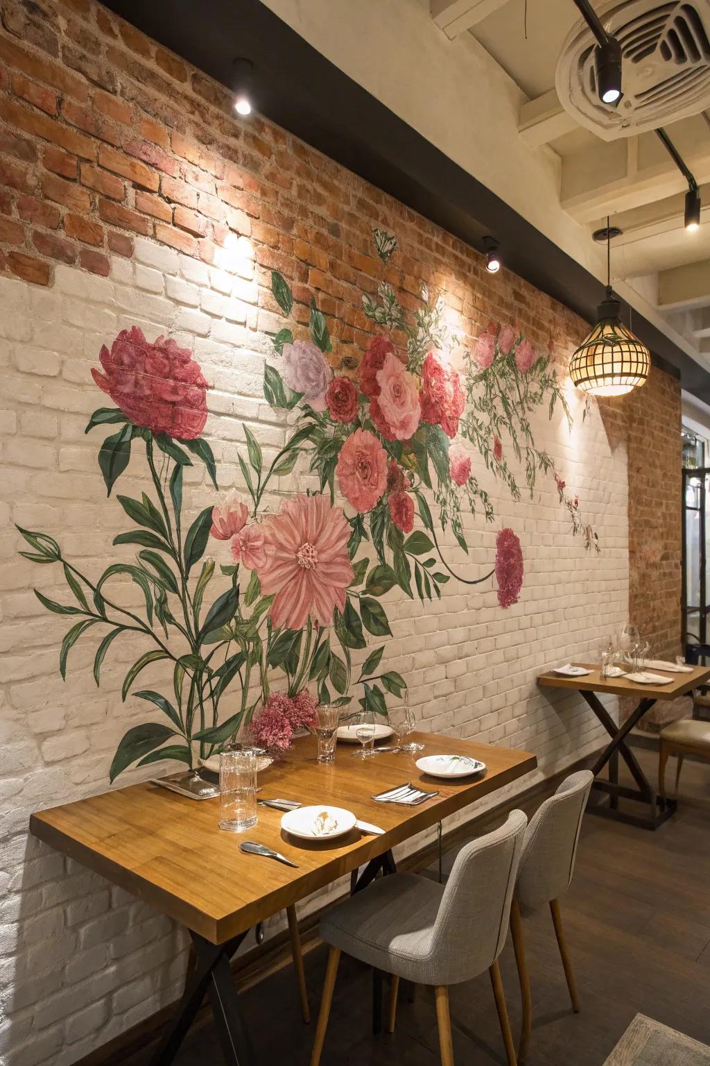 A floral mural softens and beautifies a brick wall.
