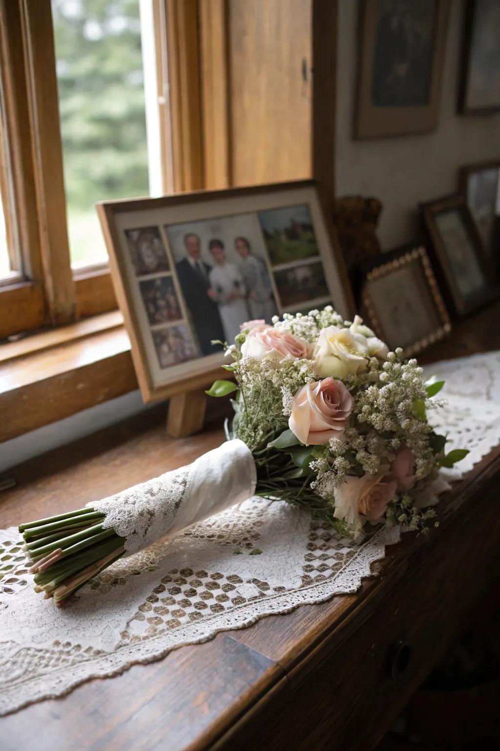 A handkerchief wrap adds a personal, sentimental touch to bridal bouquets.