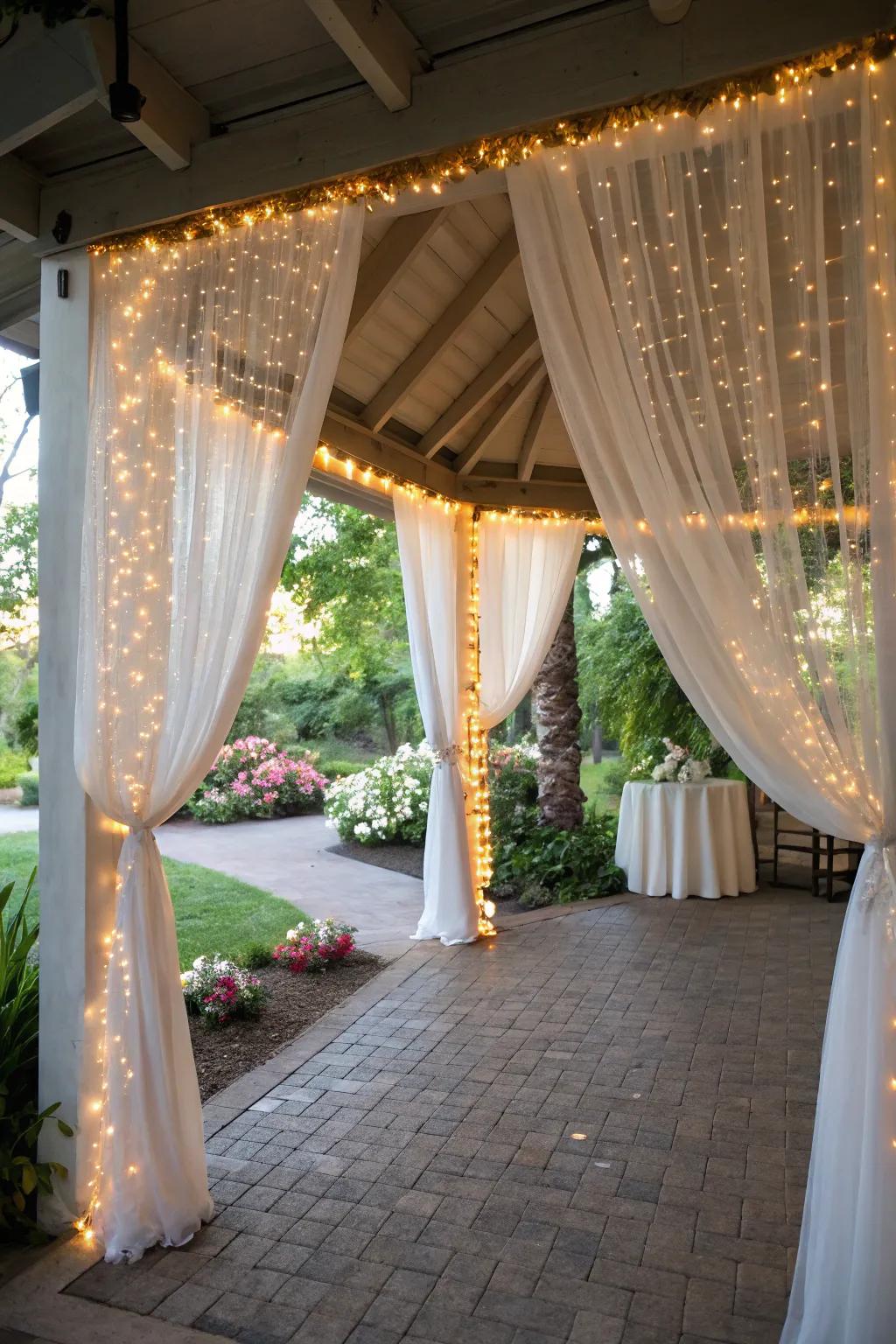 An outdoor structure embellished with fabric and lights welcomes visitors to a garden-themed bridal shower.