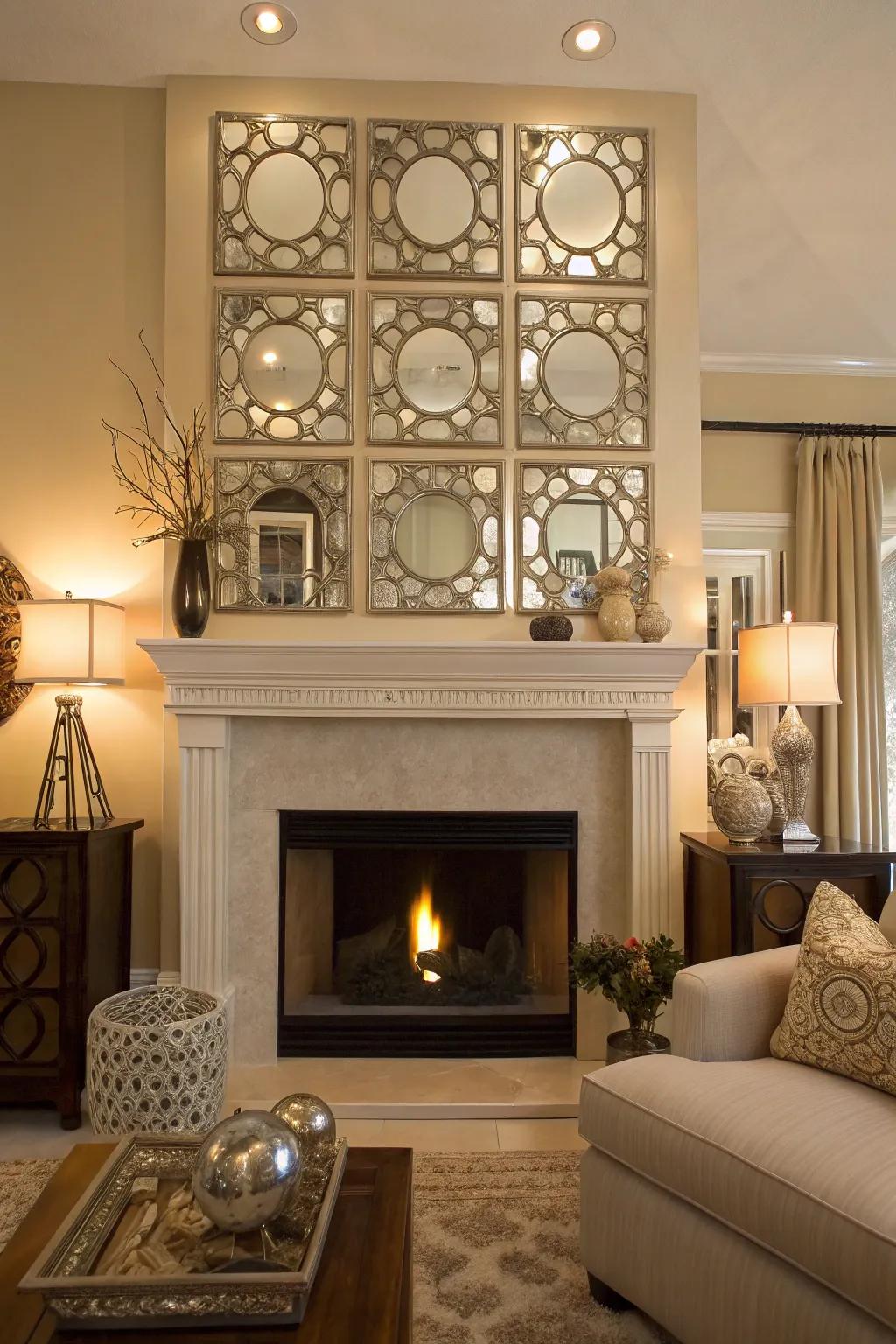 Mirror fireplace art gives any hearth a glamorous look.