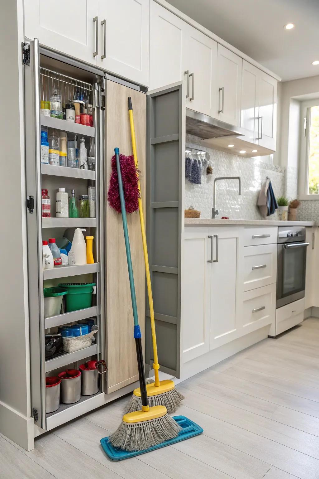 Sliding segments provide a sleek storage solution for cleaning implements.