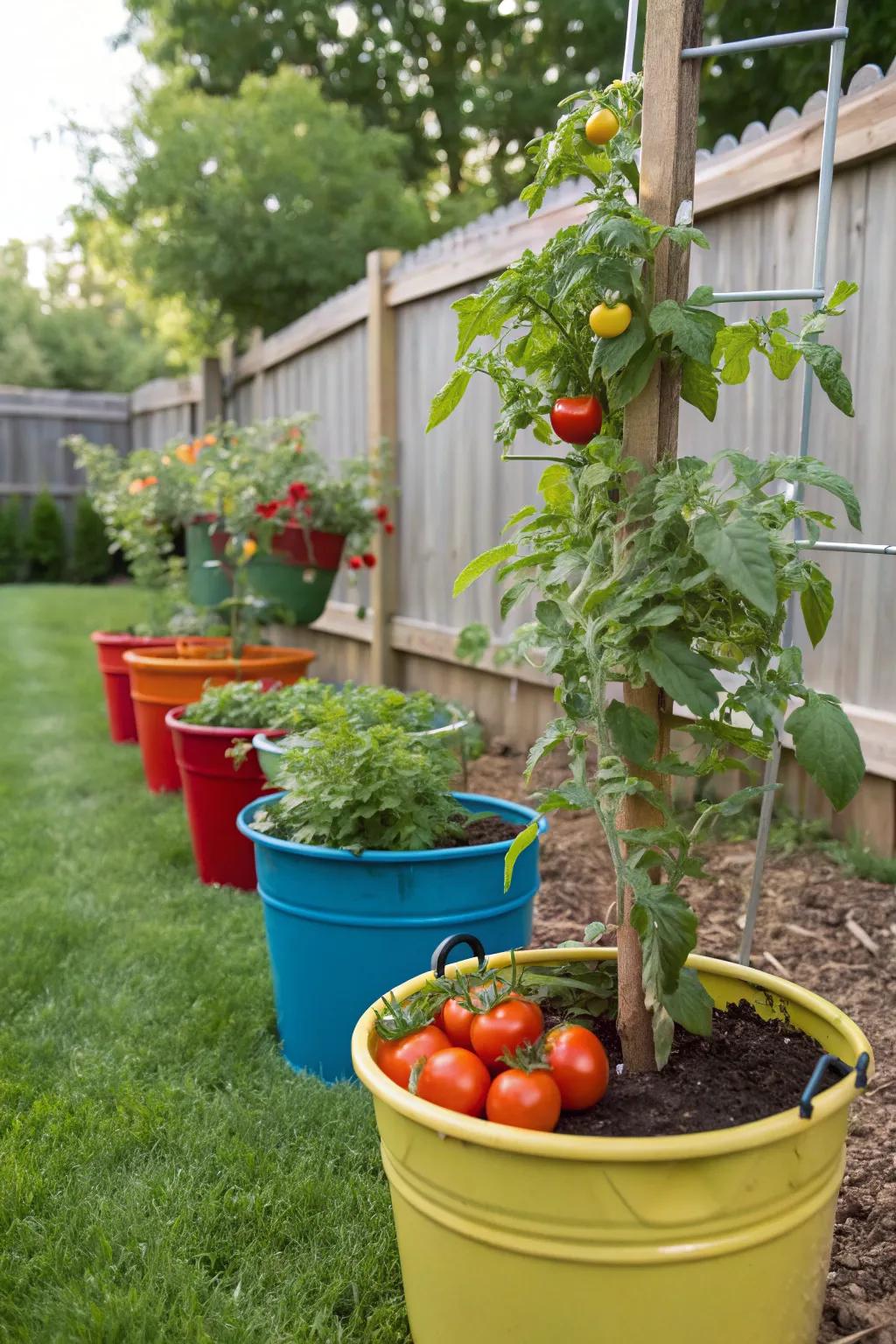 A themed salsa garden in buckets prepared for summer gatherings.