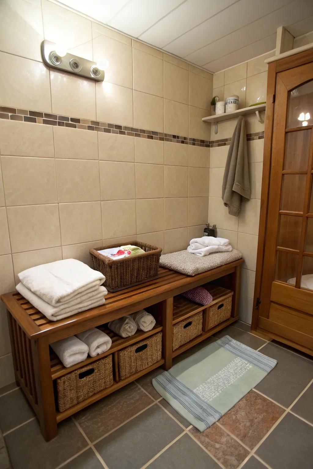 Multi-functional furniture maximizes space in this small bathroom.