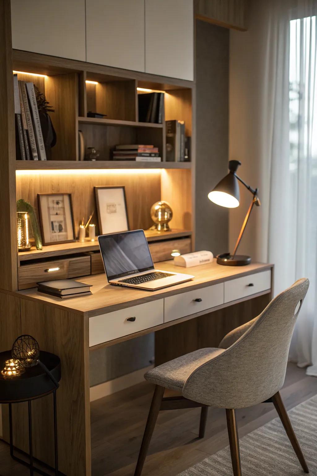 A stylish desk lit by built-in lighting.