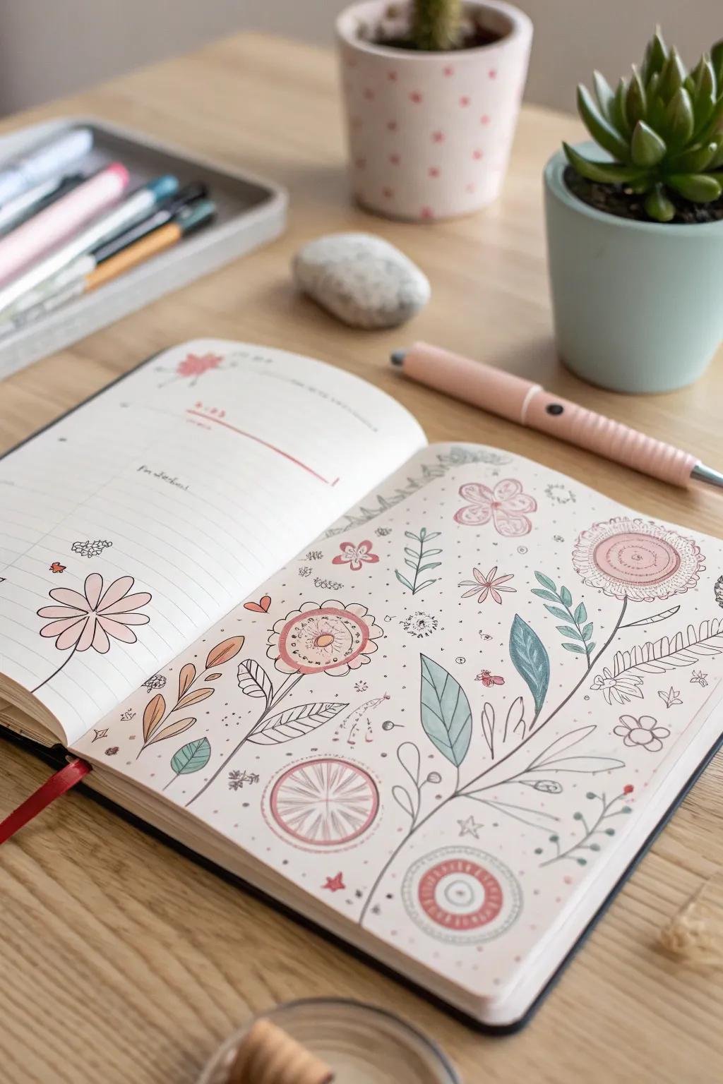 Let your creativity flow with surprising doodle pages that add a whimsical touch to your bullet journal.
