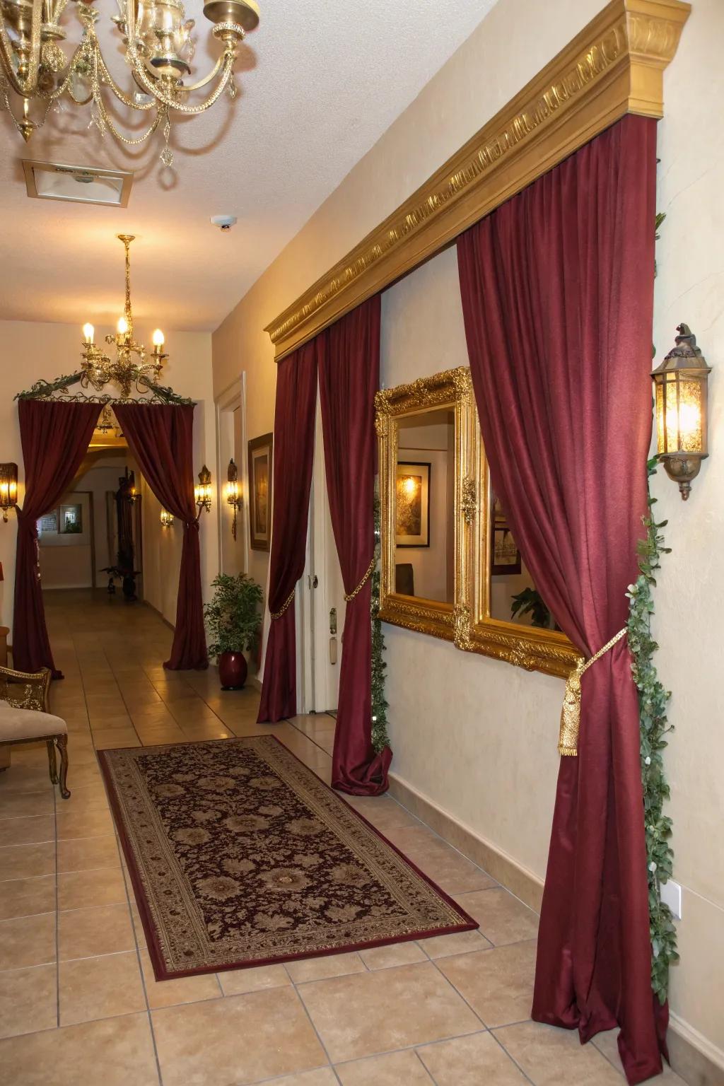 An inviting entrance featuring deep red and gold decor establishes the mood for the occasion.