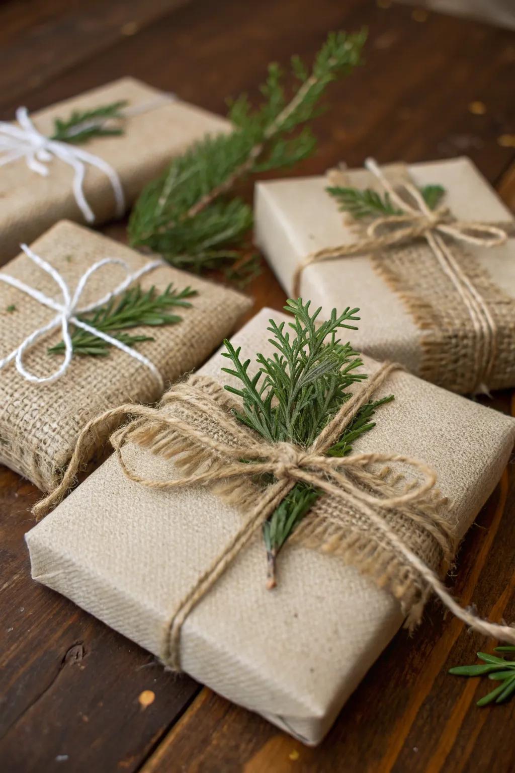 Hessian gift wrapping is both captivating and eco-aware.