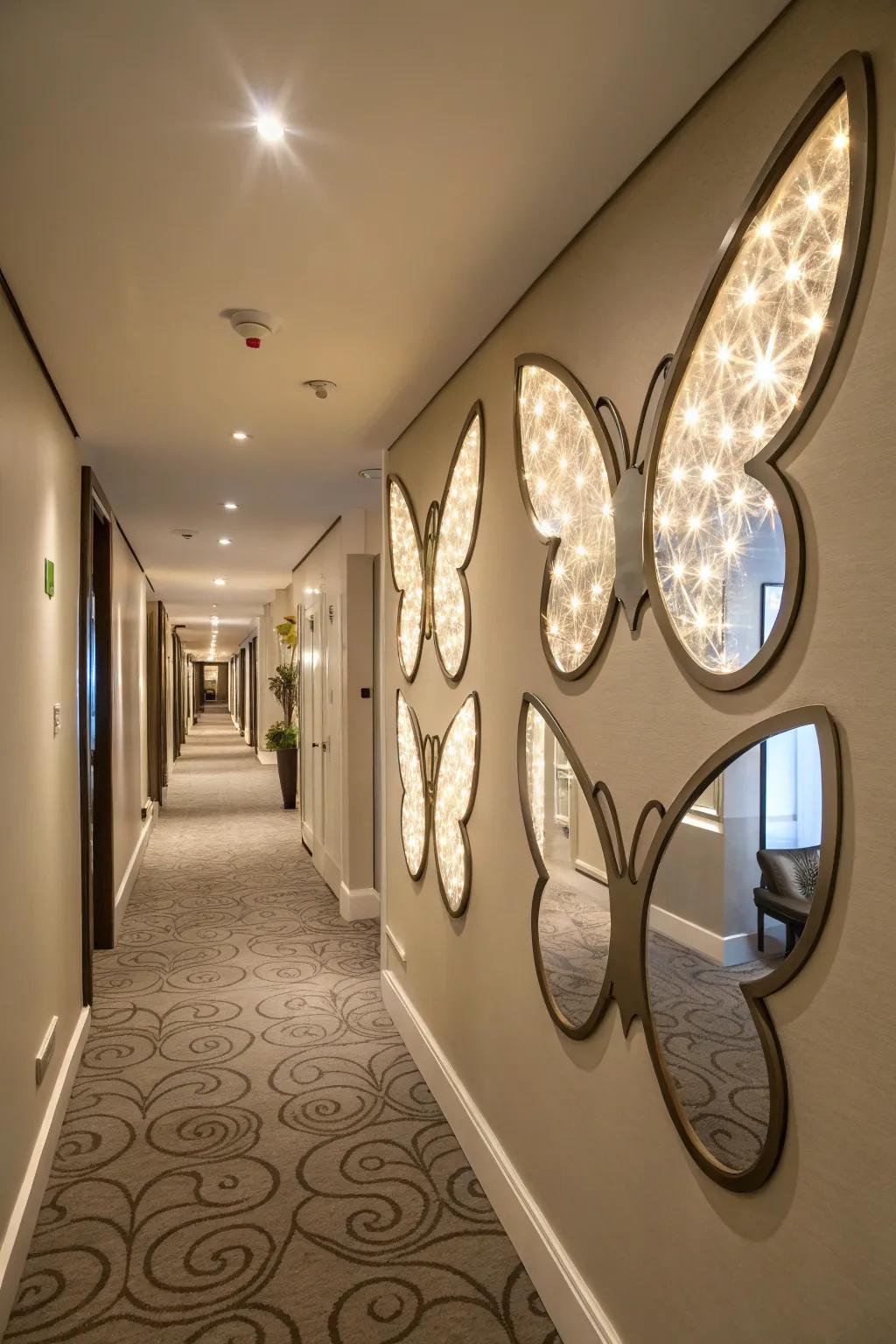 Butterfly mirrors amplify light and elegance.
